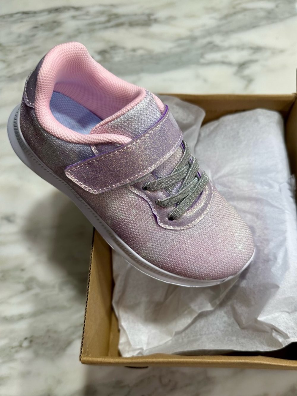 Girls Glitter Pink & Purple Lightweight Sneakers with Velcro Strap